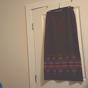 Pendleton wool long skirt, Indian blanket style, brown w/ vibrant blues and reds